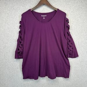 Roaman's Top Womens Size 1X 22-24 Purple Criss Cross Cutout Sleeves Pullover